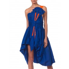 MORPHEW ATELIER Sapphire Blue  Silk Taffeta Reworked 1950S High-Low Cocktail Dress With Large Bow & Neon Orange Accents