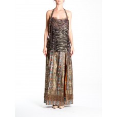 MORPHEW ATELIER Haute Couture Beaded Gown With High Slit Made From Antique Indian Sari Silk Woven Metal Fibers