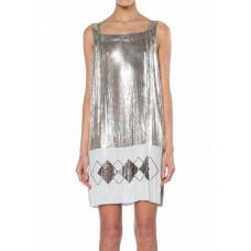 MORPHEW ATELIER Silver & White Metal Mesh Deco Patterned  Cocktail Dress With Side Slits Made From Vintage Whiting Davis